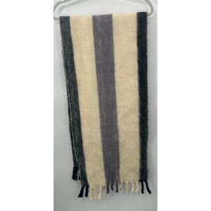 Finnpap New Wool Scarf Vintage Gray Charcoal Cream Wide Block Stripe Fringe